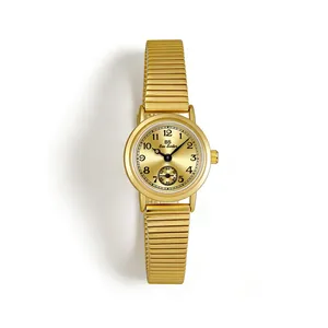 Vintage gold small round ladies watch featuring a luxury stainless steel stretch band