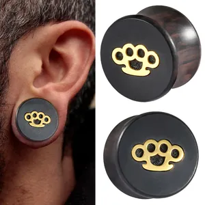 Ebony Wood Ear Plugs With Stainless Steel Brass Knuckles Pattern Personalized Body Piercing Jewelry Saddle Ear Gauges