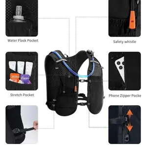 Macro views showing storage pockets, safety whistle and zipper details on running vest