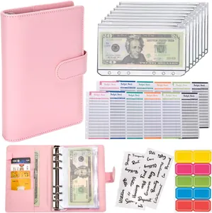 Pink A6 PU leather budget binder organizer set with zipper envelopes and tracker sheets