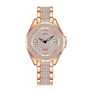 Luxury rose gold women's watch fully encrusted with shimmering rhinestones on white background