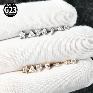 G23 titanium internally threaded body jewelry with various shaped zircons for ear and lip piercing
