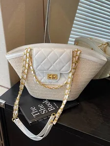 Sac Seau en Paille Tissée pour Femmes Grande Capacité Couleur Contrastée Matelassé Chaîne Sac à Bandoulière Décontracté Plage Été