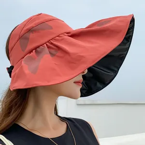 Women's wide brim sun hat with UV protection black glue coating and butterfly print