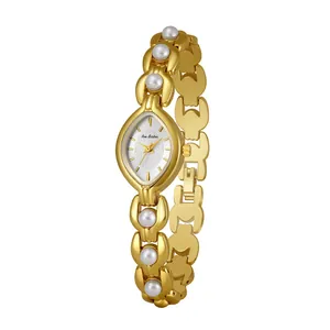 Elegante orologio da donna in oro stile vintage con perle finte dorate sul cinturino