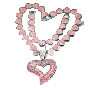 Luxus Rosa Strass Herzanhänger Halskette und Armband Set im Hip-Hop-Stil für Damen