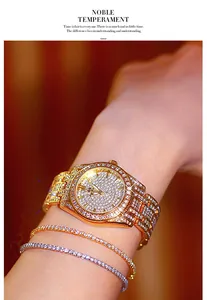 Macro view of luxury BS women's watch with full diamond setting and shiny gold finish