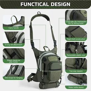 Detail of multi-functional fly fishing chest pack showing specialized storage features.