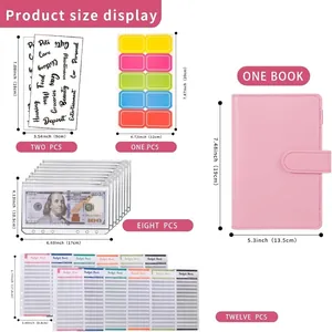 Dimensions and components of A6 pink PU leather budget binder set with stickers