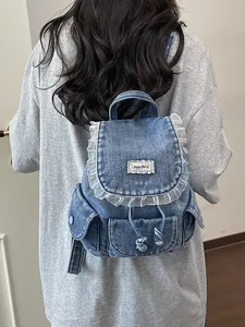 Zaino in denim retrò da donna con bordo in pizzo e chiusura a coulisse regolabile