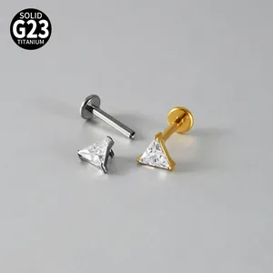 High quality G23 titanium triangle zircon labret piercing stud in silver and gold finishes