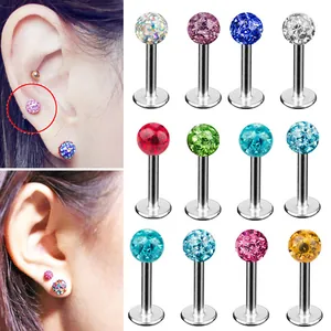 Solid G23 Titanium Labret Stud Lip Ring 16G Externally Threaded Rhinestone Ball Ear Cartilage Helix Piercing Jewelry For Unisex