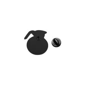 Detailed back view of a black enamel coffee pot pin featuring a secure rubber clutch