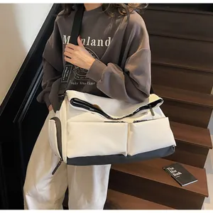 Korean style multi-pocket crossbody sports bag shown being worn in a lifestyle setting