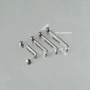 Detailed size specifications for 14G F136 titanium internally threaded L-barbell piercing