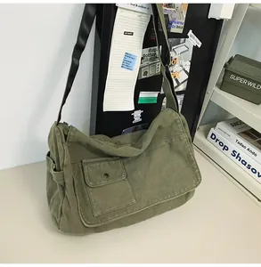 Detailed view of an olive green canvas messenger bag in a minimalist studio setting