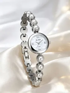Nahaufnahme der Bee Sister Damen Quarzuhr mit elegantem Armband aus Kunstperlen
