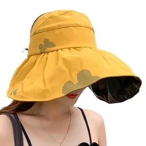 Yellow wide brim sun hat with butterfly pattern for women, UV protection bucket hat