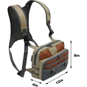 Detailed view of waterproof fly fishing chest pack with 12x8x4 inch size markers