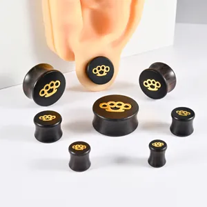 Black ebony wood ear plugs with golden brass knuckles pattern for ear stretching