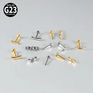 Solid G23 titanium labret studs with crescent and curved CZ inlay for body piercing