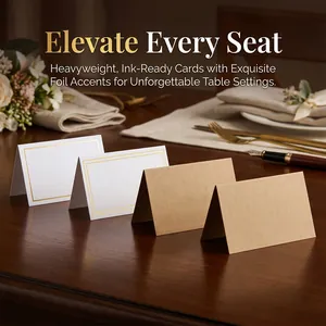 Elegant heavyweight gold foil wedding place cards displayed on a luxury wooden dining table