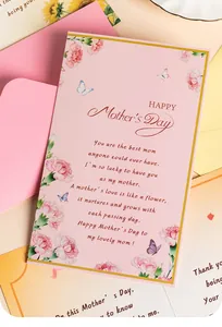 Detailed view of pink Mother's Day greeting card with floral design and heartwarming message.