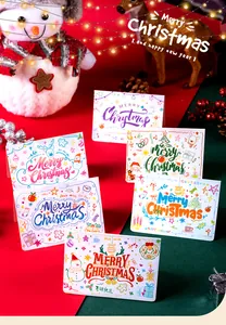 Detailed macro view of six colorful Christmas greeting cards with festive hand-drawn illustrations