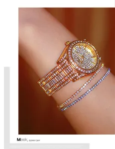 Macro view of a luxury rose gold watch fully encrusted with sparkling white rhinestones.