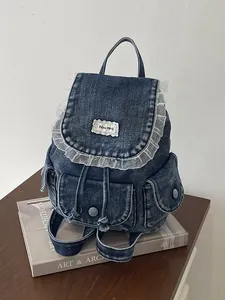 Zaino retrò in denim da donna con bordo in pizzo e design funzionale a tasche multiple