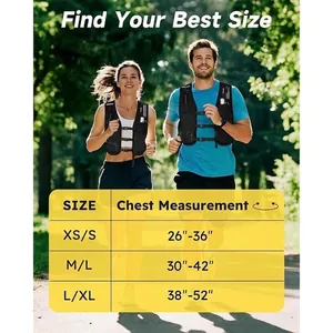 Detailed size chart for breathable running vest showing chest measurements in inches