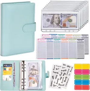 A6 PU leather binder budget organizer set with clear zipper pouches and colorful sheets