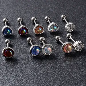 Close-up of iridescent heart and round earrings with stainless steel screw backs