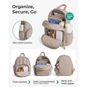 Detalle de mini mochila acolchada con bolsillos y capacidad para un iPad de 11 pulgadas