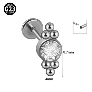 Λεπτομερής προβολή G23 τιτανίου labret με ζιργκόν, διαστάσεις 8,7 mm επί 4 mm