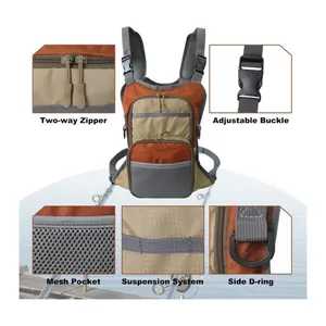 Detailed view of fishing chest pack features including zippers and mesh pocket