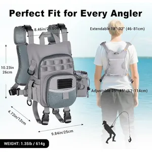 Detail view of a gray multi-functional fishing chest pack with dimensions and weight specs.