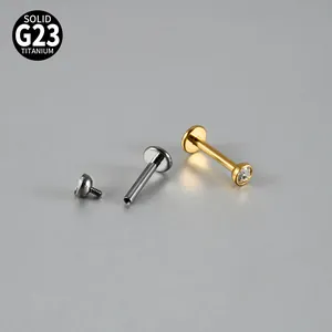 Professional G23 solid titanium labret stud with internally threaded round CZ stone