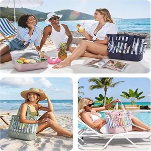 Lifestyle scenes of large capacity double-layer insulated beach picnic cooler bags in use.
