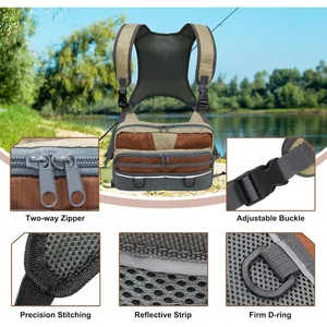 Details of a fly fishing chest pack with two-way zippers, buckles, and firm D-rings
