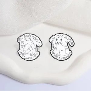 Close-up of funny cat and capybara metal pins with Spanish quotes on white tray
