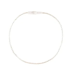 Close-up of white twisted hang tag string with secure plastic snap fastener