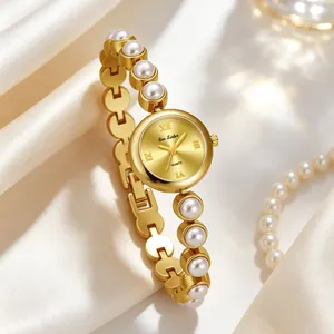 Elegante Vintage-Golduhr mit Perlenarmband für Damen, luxuriöser Modestil Präsentation