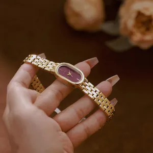 Bee Sister Vintage-Uhr aus goldenem Edelstahl mit elegantem weinrotem ovalem Zifferblatt