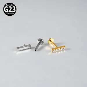 Premium solid G23 titanium internal thread labret stud with CZ inlaid T-bar design