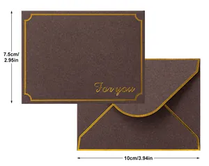 Close-up of brown card with gold foil 'For you' text and matching envelope with dimensions.