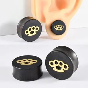 Premium black ebony wood ear gauges featuring a golden knuckle pattern metal inlay design