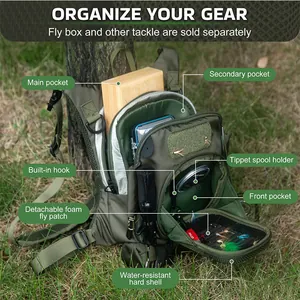 Detail view of a fly fishing chest pack showing internal pockets and storage features.