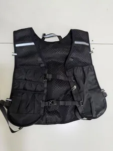 Professional black multi-pocket running hydration vest with reflective strips and breathable mesh