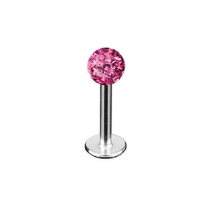 G23 titanium labret stud lip piercing jewelry with sparkling pink faceted crystal ball 16g